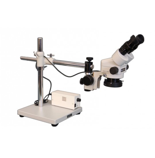 SMD-5- Binocular Zoom 7X – 45X Stereo Microscope package with Incident Ring Light LED on a  Boom Stand for Surface Mount Device Inspection.