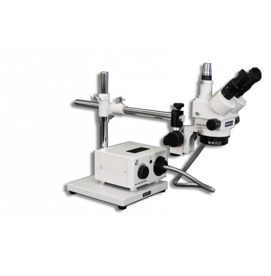 SMT-5TR Trinocular Zoom 7X – 90X Stereo Microscope package with Incident Annular Ring Fiber Optic ring Light on a Boom Stand with 150mm Working Distance