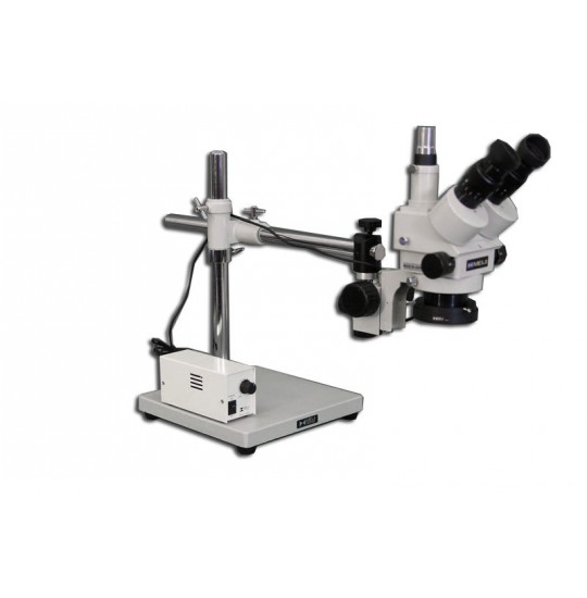 SMD-5TR Trinocular Zoom 7X – 45X Stereo Microscope  package  with Incident Ring Light LED on a Boom Stand for Surface Mount Device Inspection.