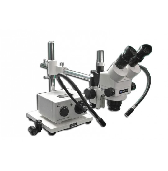 MDM-8TR Trinocular Zoom Stereo Microscope with Fiber Optic Dual Arm Light on a Boom  Stand with 174mm( 6.9”) Working Distance