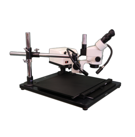 SMD-8TR Trinocular Zoom 7X – 45X Stereo Microscope  package  with Incident Ring Light LED on a Boom Stand for Surface Mount Device Inspection.
