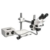SMT-8TR Trinocular Zoom 7X – 90X Stereo Microscope package with Incident Annular Ring Fiber Optic ring Light on a Boom Stand with 174mm (6.8”)  Working Distance