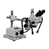 MDM-5TR Trinocular Zoom Stereo Microscope with Fiber Optic Dual Arm Light on a Boom Stand with 150mm Working Distance